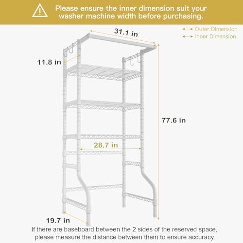 Ulif U11 Medium Over Washer and Dryer Shelves, 3 Tiers Laundry Room Storage and Organizer Standing Shelf, Metal Freestanding Clothes Drying Rack, 31.1”W x 19.7”D x 77.6”H, White
