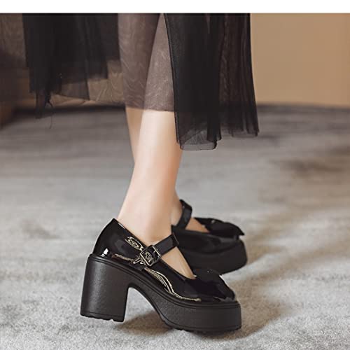 Image of Women's Platform Mary Janes Heart Cat Buckle Rivets Ankle Lolita Gothic Princess Platform Pumps Patent Leather Thorn Vintage Traditional Embroidery Upper Dress Shoes