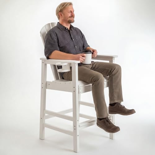 WDYLWFHW Tall Adirondack Chair with Cup Holder Outdoor Bar Height Barstools Chairs with Armrests All-Weather Patio Bar Lifeguard Chair for Balcony Deck Backyard Patio Garden (White)