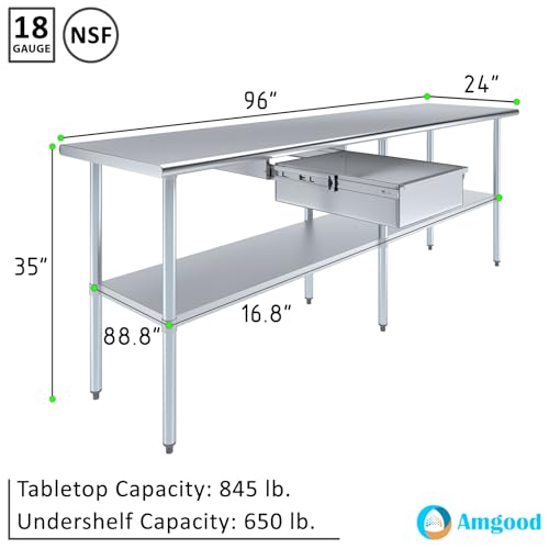 Image of AmGood Stainless Steel Table with Drawer | Commercial & Residential Kitchen Laundry Garage Utility Bench | NSF Metal Prep Table (Stainless Steel Table + Drawer, 96 inch Long x 24 inch Deep)
