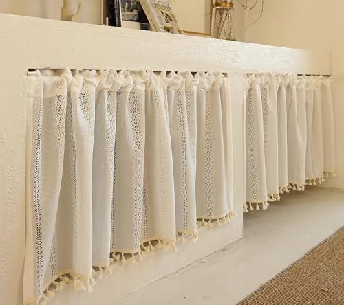 Mifeiwukawa Cortina corta para ventana pequeña, gasa blanca a rayas, encaje semitransparente, cenefa de ventana, cortina media para cocina (blanco, 135 cm de ancho x 100 cm de largo)