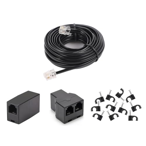 Long Telephone Extension Cord 20 FT, Black, Phone Cable Wire with Standard RJ11 Plug, 1 Phone Line Splitter, 1 in-line Coupler and 15 Cable Clips for Telephone Calling Communication