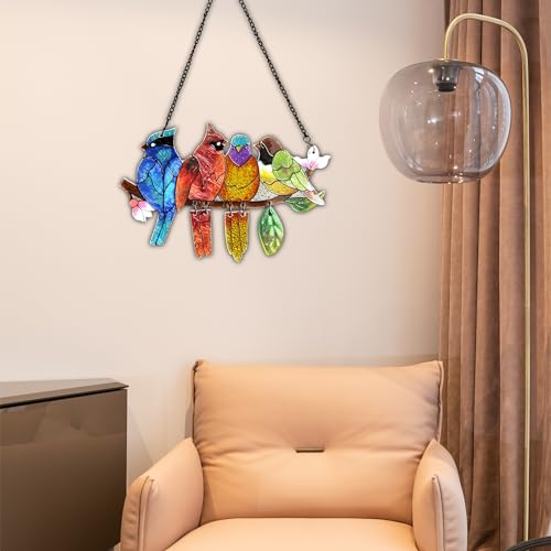 Image of DASTOLL Stained Glass Window Hanging - Hummingbird on Branch Suncatcher Hand-Painted Double Side Stain Glass Cardinal Gifts Sun Catcher for Windows Doors Room Outdoor Home Decoration