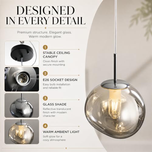 Image of Modern Gray Glass Pendant Lights with 2 Pack, 7.9 inch Concave Mini Pendant Light Fixtures with Adjustable Hanging Cord, Kitchen Island Lighting for Dining Room Bedroom Bar,entryway,Hallway