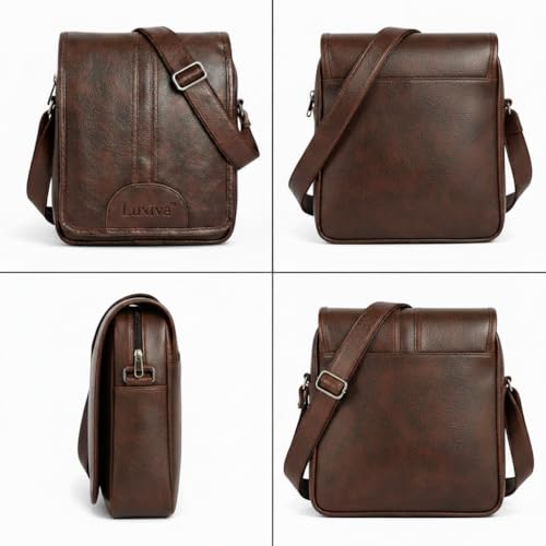 Image of Men's Leather Sling Bag Crossbody Messenger Shoulder Bag | Stylish Office Travel Side Bag with Multiple Compartments, Adjustable Strap & Secure Pockets for Daily Use