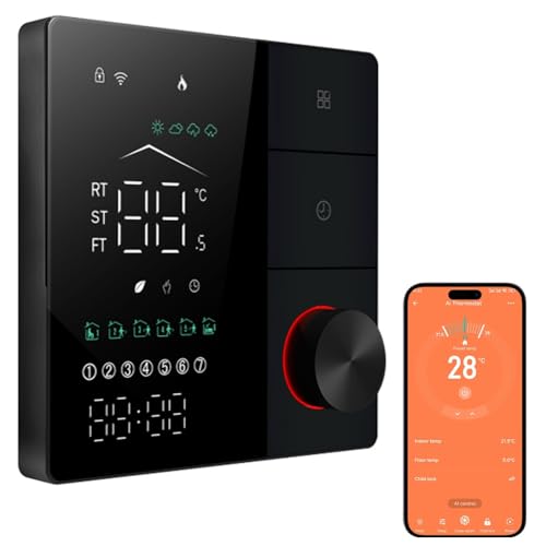 Irishom 2024 Mejorada AI Termostato WiFi Calefacción de Eléctrica, con Aprendizaje Inteligente AI/Control de Aplicaciones/Pantalla táctil Digital LED-Negro
