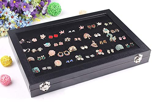 Image of BucketList Women's Velvet Glass Ring Earrings Jewelry Box - Display Storage Showcase Holder Organizer (100 Slot Ring Jewellery Box-Black)
