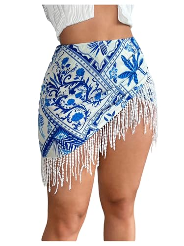 MakeMeChic Women's Floral Skirt Asymmetrical Wrap Fringe Bodycon Summer Mini Skirts