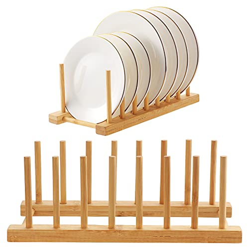 Kinsinder 2 Stück Tellerständer Abtropfgestell Bambus Geschirrabtropfgestell, 7 Steckplätze Tellerhalter Holz, Abtropfgestell Holz Plate Holder für Teller, Tassen, Topfdeckel