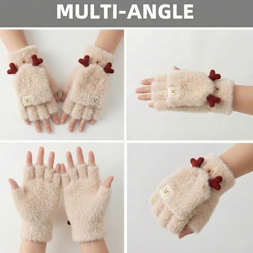 Image of Kraptick Women's Cute Reindeer Plush Convertible Fingerless Gloves - Winter Warm Fluffy Flip-Top Mittens - Korean Style Soft Hand Warmers for Girls & Ladies (Free Size, White)-3