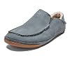 OLUKAI Kipuka Hulu Men's Leather Slippers, Premium Nubuck Leather Slip On Shoes, Shearling Lining & Gel Insert, Drop-In Heel Design