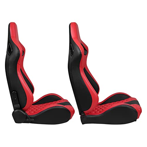 Image of IKON MOTORSPORTS, Universal Racing Seats with Dual Sliders, Reclinable Red & Black PU + Carbon Leather with Hexagonal Quilting Sport Bucket Seats, 1 Pair Driver + Passenger Side