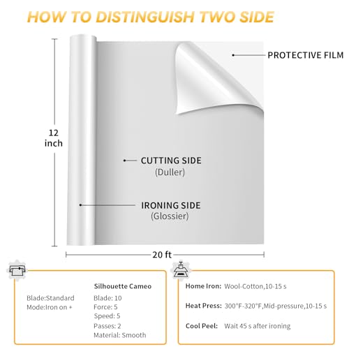 VinylRus Heat Transfer Vinyl-12” x 20ft White Iron on Vinyl Roll for Shirts, HTV Vinyl for Silhouette Cameo, Easy to Cut & Weed - Image 4