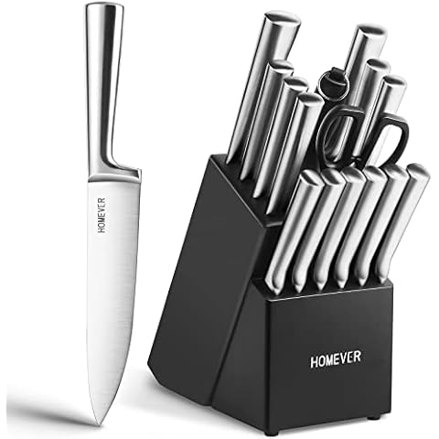 Knife Set, Homever 16 Pieces Kitchen Knife Sets with Block, Knife Block Set with Knives Wooden, German Stainless Steel Kitchen Knives Set with Chef Knife, Bread Knife, Knife Sharpener, etc Cover