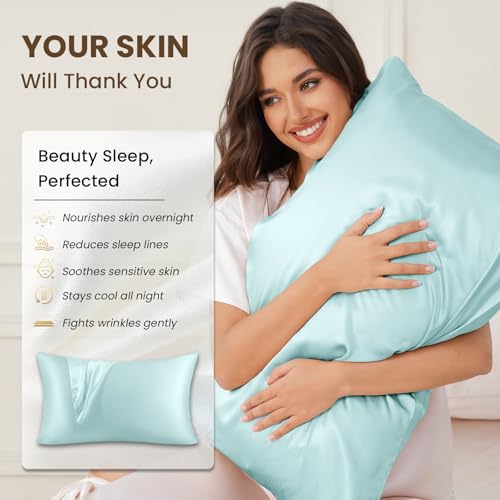 Image of THXSILK Natural 100% Mulberry Silk Pillowcase for Hair and Skin, 25 Momme, Standard Size 20 inchx26 inch Silk Pillow Case, Soft Smooth Cooling Premium Grade 6A+ Silk Pillow Cover with Zipper(Light Blue, 1pc)