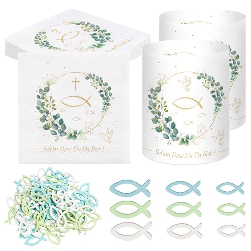 Forhandy Windlicht Tischdeko Set, Tischdeko Hochzeit - 12 Windlichter+20 Servietten Taufe+60 Holzfische Streudeko Schön DASS Du Da Bist Windlichter Taufdeko Eukalyptus Grün für Teelichter oder Kerzen