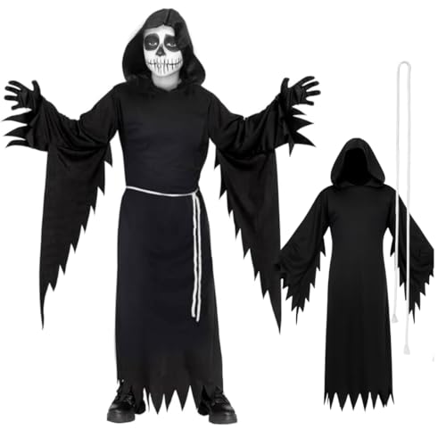 Boys Grim Reaper Costume - Kids Scary Hooded Robe with Belt - Halloween Costumes for Boys Fancy Dress & School Play Outfit (7-8 years)