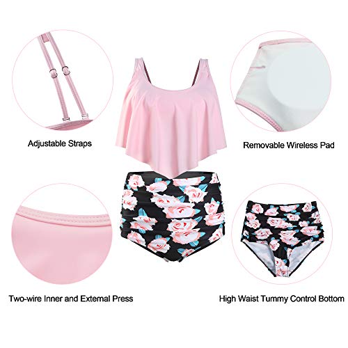Image of Bathing Suits for Women High Waisted Swimsuits Tummy Control Two Piece Tankini Ruffled Top with Swim Bottom Bathing Suits