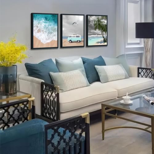 Enartly Teal Ocean Beach Summer Canvas Wall Art Coastal Turquoise Pictures Bathroom Decor Palm Tree Paintings Sea Wave Blue Vocation Bus Artwork for Bedroom Living Room Decor Black Framed 16"x20"x3 - Image 4