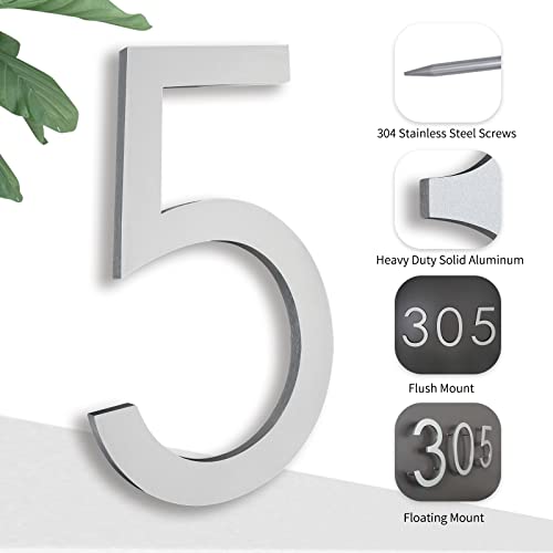 8 Inch Floating House Numbers, Address Numbers for Outside, Metal Silver Large Modern House Numbers, Door Numbers for Mount Aluminum Silver Number 5 by BUTUNITA - Used condition - Image 3