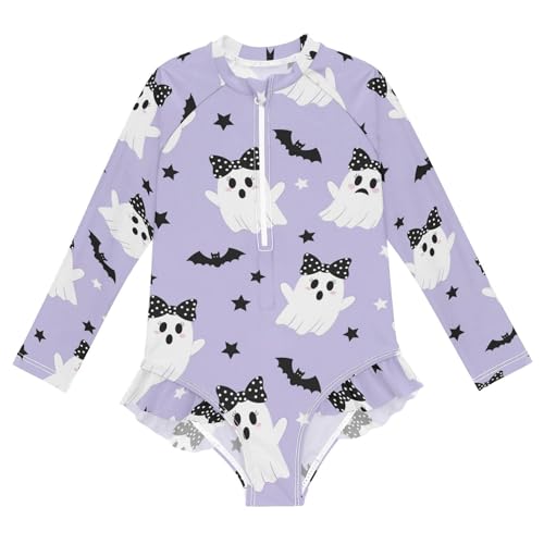 Cute Ghosts with Bows Flying Girls Rash Guard Swimsuits Long Sleeve One Pieces Bathing Suit UPF 50+ Zipper Swimwear