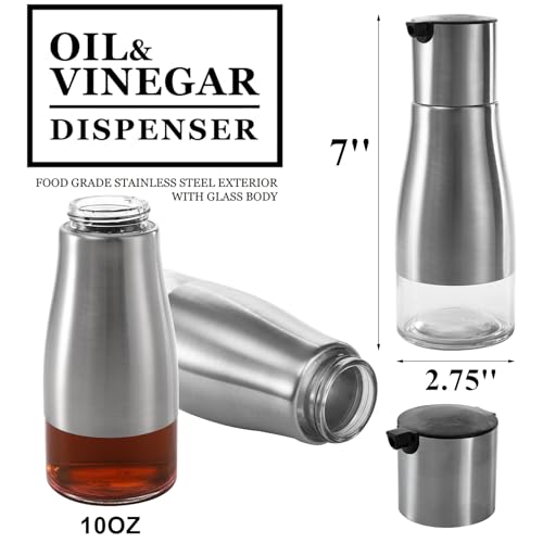 Tebery 2 Pack Silver Olive Oil and Vinegar Dispenser Set, 10OZ Oil Dispenser Cruet with Easy & Drip Free Pouring, Elegant Stainless Steel with Glass Bottom