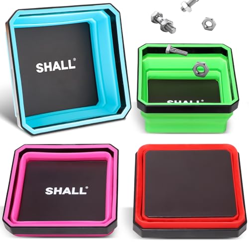 SHALL New Version Collapsible Magnetic Parts Tray Set, 4-Pack Magnetic Tool Trays for Screw Bolts Nuts Washers Pins & Small Metal Parts, 4.5” Square Silicone Foldable Bowls w/Dual-Sided Magnetic Base