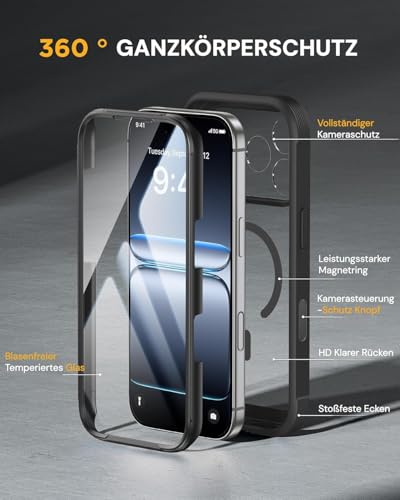 Miracase 360 Grad für iPhone 17 Pro Hülle mit Magsafe, Eingebaut Glas Schutzfolie, Komplettschutz HandyHülle Magnetisch Stoßfest Case für iPhone 17 Pro Schutzhüllen 6,3 Zoll,Schwarz