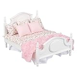 Dollhouse Furniture Mini Bed Set, Realistic Bedroom Accessories for 6 inch Dolls, Pillow, Wooden Frame, 1/12 Scale (White Bed, Pink Bedding)