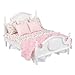 Dollhouse Furniture Mini Bed Set, Realistic Bedroom Accessories for 6 inch Dolls, Pillow, Wooden Frame, 1/12 Scale (White Bed, Pink Bedding)