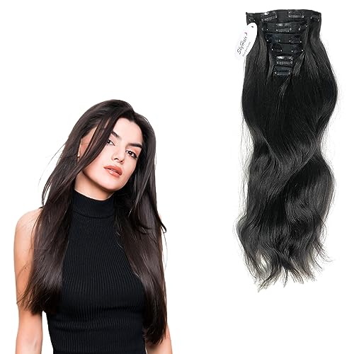 Image of SkyHair 100% Remy Human Hair Extensions - 6-Piece Set with 13 Clips for Instant Volume & Length - Soft, Tangle-Free, Reusable Clip-In Hair - 20 Inches, Natural Black