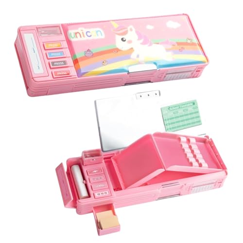 Image of Plastic Multifunctional Cute Unicorn School Pencil Box for Girls - Multi Compartment Button Operated Unicorn Compass Box, Stationary Items- Pencil Case & Geometry Box for Kids, Pink