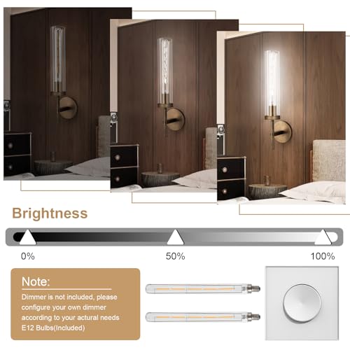 Image of Bronze Wall Sconces Set of Two with White Lights, 19.5'' Brushed Brass Knurled Bathroom Sconces Wall Lighting Vanity Light with Clear Glass for Living Room Mirror Bedroom Stairs