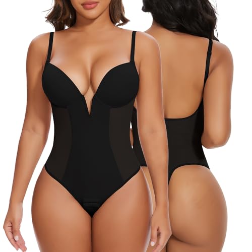 SHAPERIN Damen Rückenfrei Formender Body Tanga Shapewear Bauchweg Body mit Push Up BH Tiefer Ausschnitt Miederbody, Schwarz, M SHAPERIN Damen Rückenfrei Formender Body Tanga Shapewear Bauchweg Body mit Push Up BH Tiefer Ausschnitt Miederbody, Schwarz, M
