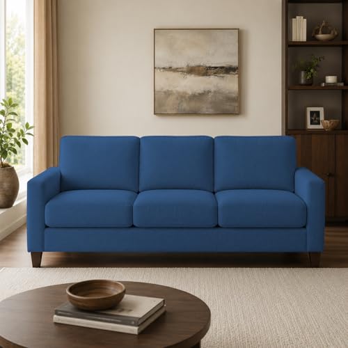 Image of Casaliving Gladino Modern Velvet Fabric Sofa, Tufted Design Upholstered 3 Seater Sofa Set for Living Room, Premium Velvet Fabric Sofa (Blue)