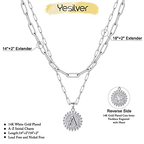 Silver Layered Necklaces For Women, 14K White Gold Plated Layering Necklace Paper Clip Chain Choker Necklace Personalized Layered Necklaces For Women Coin Initial Pendant A Silver Necklace For Women #TOP5
