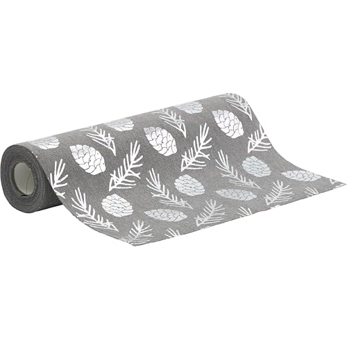 100%Mosel Camino de mesa con aspecto de lino, color gris, piñas de pino en plata (28 cm x 5 m), cinta de mesa, elegante decoración de mesa para Navidad y Adviento, decoración festiva para ocasiones