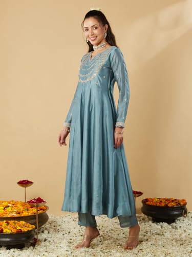 Image of MOKOSH Women's Silk Embroidery Anarkali Kurta Pant with Dupatta | Women's Anarkali Kurta Set | 3 Piece Ethnic Outfit with Dupatta | Round Neck Full Sleeve