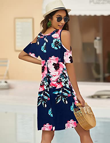 Image of Bluetime Women Cold Shoulder Summer Dress Short Sleeve Beach Casual Loose Swing Dress