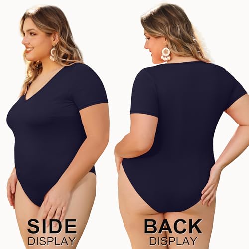 Image of COOTRY Plus Size Short Sleeve Bodysuits for Women V Neck Body Suit Tops Basic One Piece Bodysuit T Shirt