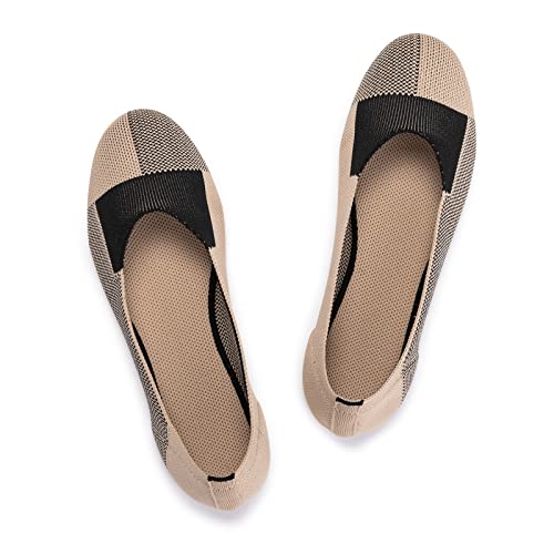 Frank Mully Ballerines Plates à Enfiler en Tricot pour Femme - Escarpins à Bout Rond, Kaki, 41 EU