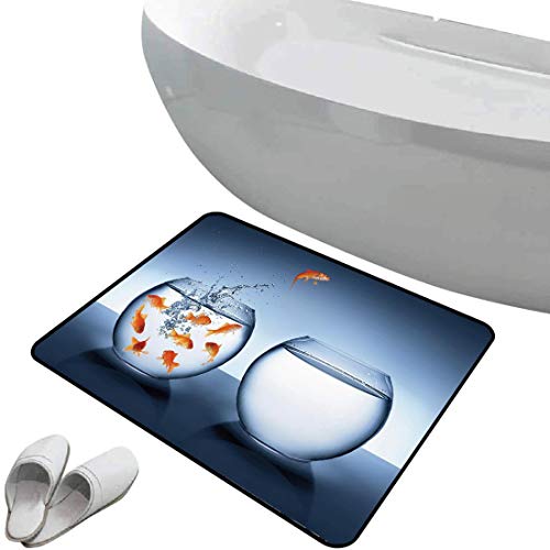 Alfombra de baño antideslizante Acuario suave antideslizante Pequeño pez dorado valiente saltando una pecera a otra mejora de coraje decorativo,azul oscuro naranja Para ducha Felpudo Dormitorio Sala d