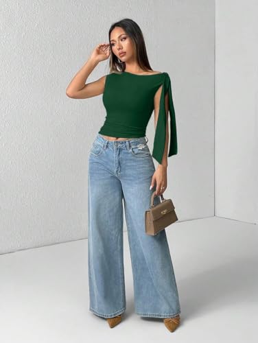 Image of TIVANTE Solid Asymmetrical Shoulder Tie Strap Crop Top for Women