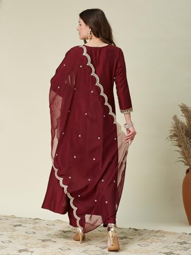 Image of MOKOSH Women's Silk Embroidered Anarkali Kurta Pant & Dupatta | Anarkali Kurta Set |Embroidered | V Neck 3 /4 Sleeve Ethnic Suit |3 Piece Outfit | Floral 3 Colour Options Available