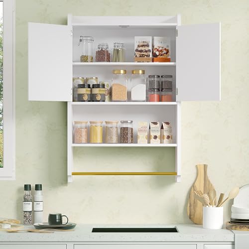 Armario de baño mural VECELO, armario de medicamentos para pared, armario de almacenamiento ahorrador de espacio con barra para toallas para baño, lavandería y cocina miniatura 4
