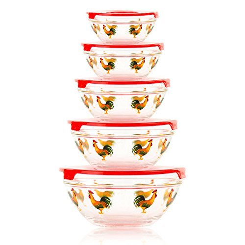 Imperial Home 5-Piece Stackable Rooster Design Glass Storage Bowl Set With Snap Tight Lid, BPA Free and Dishwasher Safe