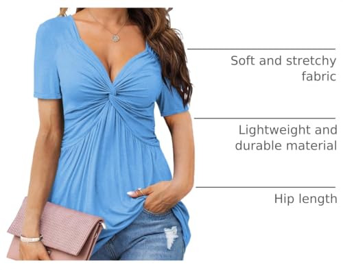 Image of Tankaneo Womens Front Knotted V-Neck Blouse T Shirt Short Sleeve Oversized Tunic Tops Summer Solid Pullover Tees