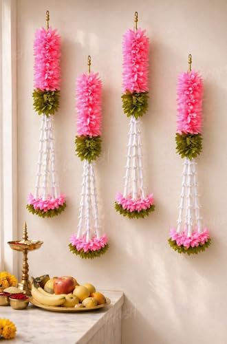 Image of Divyakosh Hanging Gajra Set of 4 | Small 15 Inch Pink-Green Fabric Floral Wall Hangings | Temple & Pooja Room Decoration Items | Backdrop Decor for Festivals & Diwali