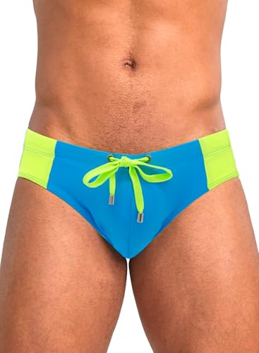 MIZOK Mens Color Block Swim Briefs Retro Sexy Bikini Swimwear Sport with Drawstring