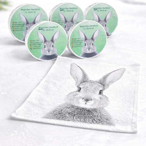 KAMACA 6er Set Magisches Handtuch Hase aus Baumwolle 30x30 cm – Zauberhandtuch für Kinder, Mitgebsel, Ostergeschenk, Kindergeburtstag Geschenkidee Kleinigkeit zu Ostern